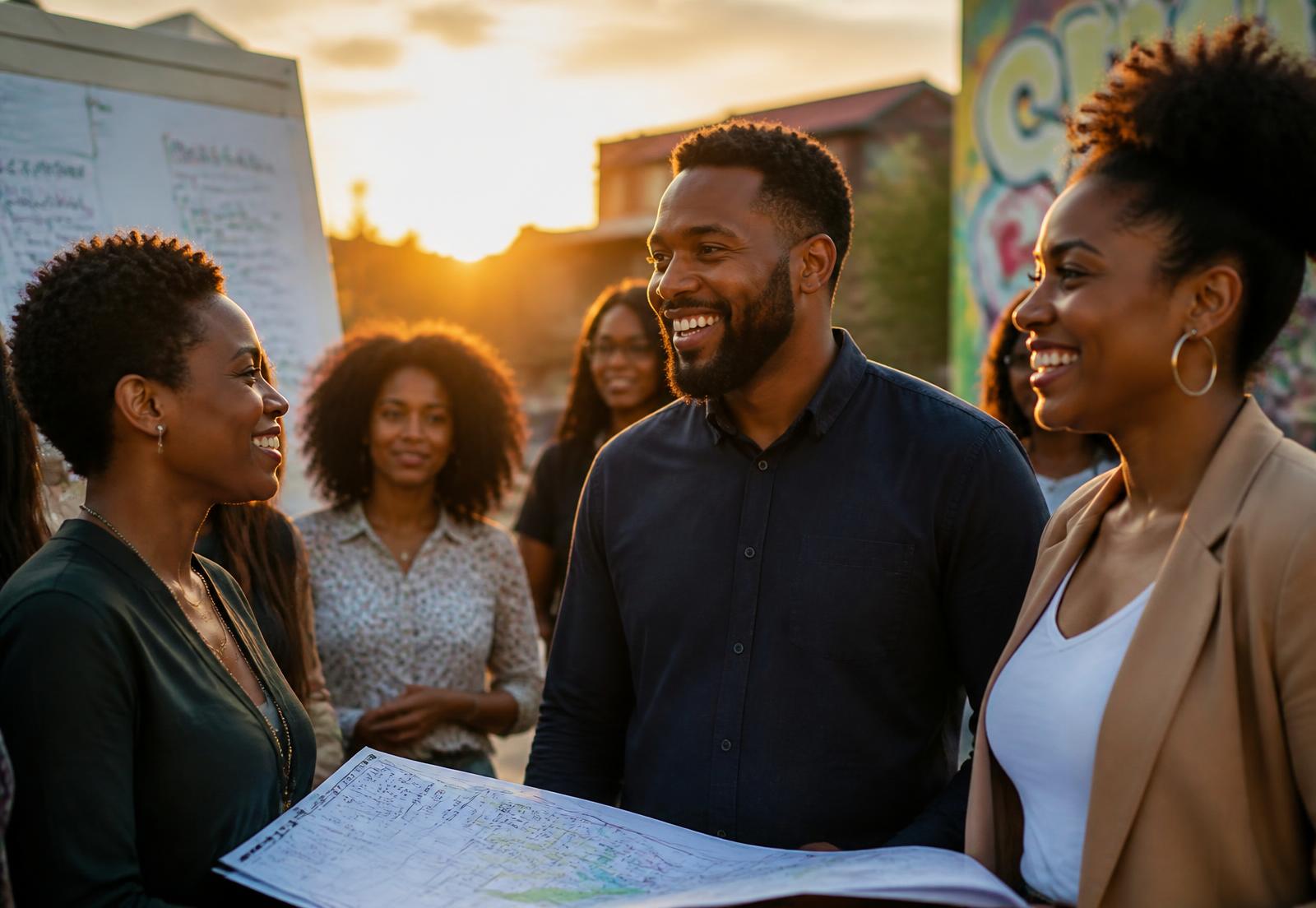 Diaspora professionals planning a community project together at sunset